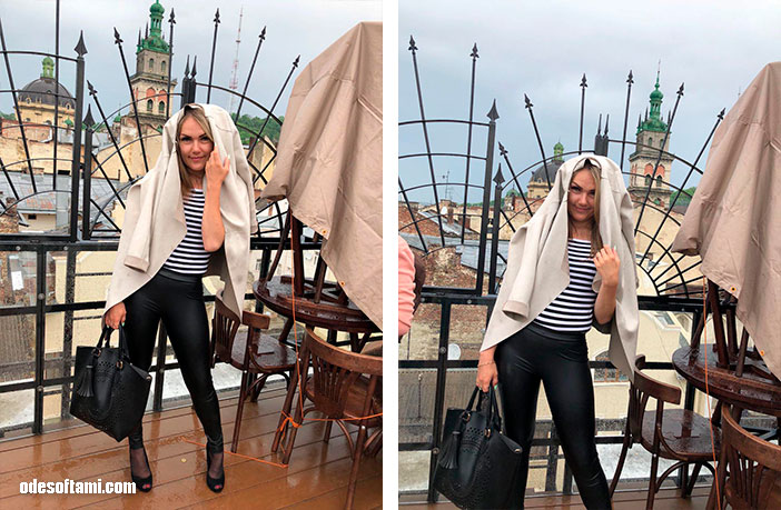 Ирина Буслаева прячет волосы от дождя на крыше Дом легенд, Львов - odesoftami.com