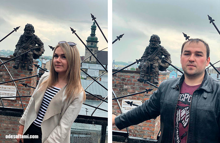 Денис Алексеенко и Ирина Буслаева на фоне панорамы города Львов с крыши Дом легенд, 2018 - odesoftami.com