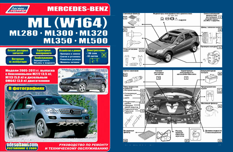 Книга на русском языке по Mercedes W164 ML280, ML300, ML320, ML350 2005-2011, рестайлинг с 2009 бензин, дизель. Каталог расходных з/ч. - odesoftami.com