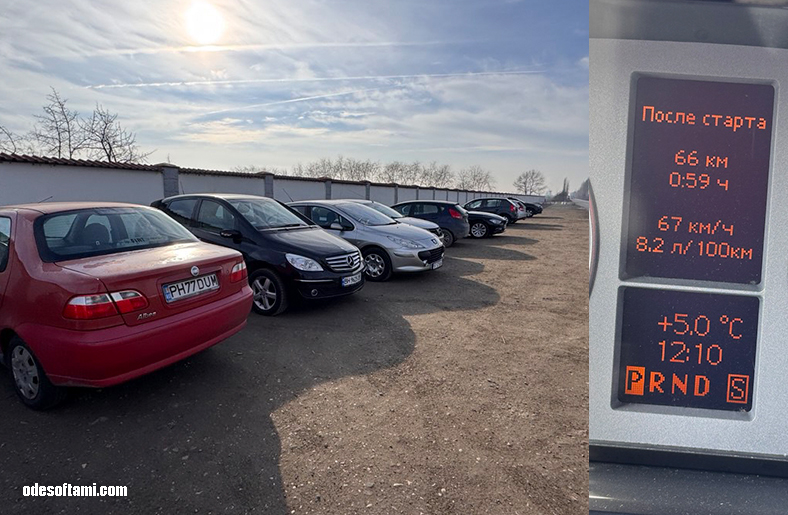 Парковка возле монастыря Гигью под Плоешти, Румыния — автомобили паломников и данные поездки на приборной панели - odesoftami.com